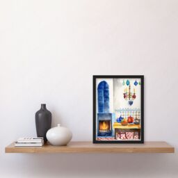 Artery8 Kitchen Fireplace In Traditional Spanish Home Folk Art Watercolour Painting Artwork Framed Wall Art Print A4 in Black - thumbnail 2