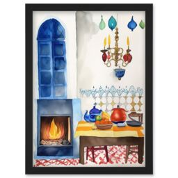 Artery8 Kitchen Fireplace In Traditional Spanish Home Folk Art Watercolour Painting Artwork Framed Wall Art Print A4 in Black - thumbnail 1