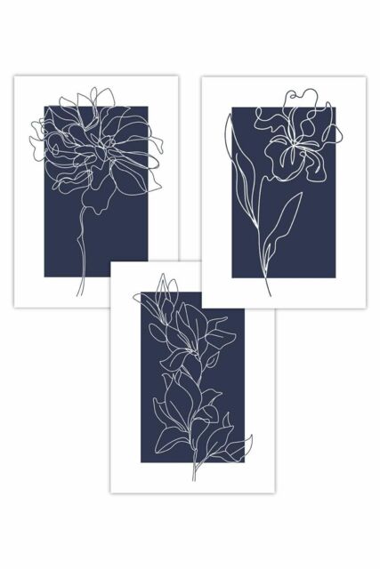 ARTZE Set of 3 Line Art Sketch Flowers on Navy Blue Art Posters - Size: W59 cm x H84 cm - image 1