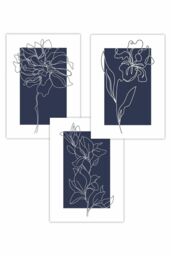 ARTZE Set of 3 Line Art Sketch Flowers on Navy Blue Art Posters - Size: W59 cm x H84 cm - thumbnail 1