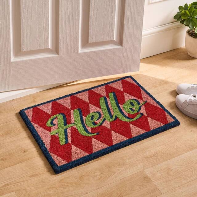 OHS Hello Slogan Coir Doormat Diamond Check Non Slip Door Rug - Size: 40 x 60 cm - image 1