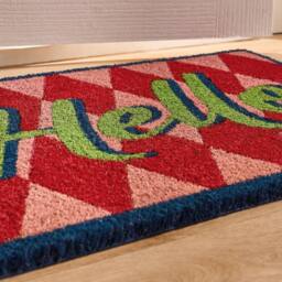 OHS Hello Slogan Coir Doormat Diamond Check Non Slip Door Rug - Size: 40 x 60 cm - thumbnail 3