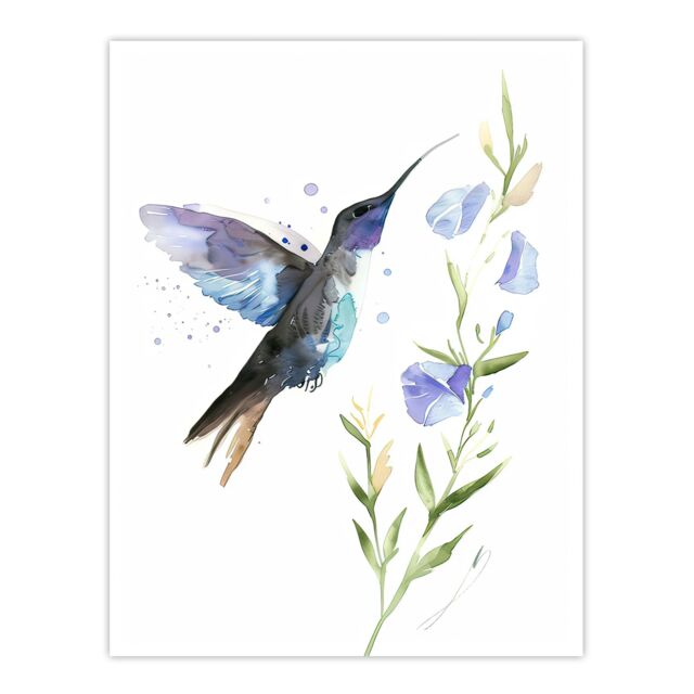 "Artery8 Elegant Hummingbird with Wildflower Watercolour Wall Art Print in White - Size: W12"" x H16""" - image 1