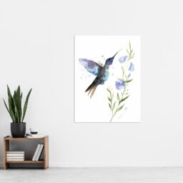 "Artery8 Elegant Hummingbird with Wildflower Watercolour Wall Art Print in White - Size: W12"" x H16""" - thumbnail 4