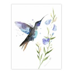 "Artery8 Elegant Hummingbird with Wildflower Watercolour Wall Art Print in White - Size: W12"" x H16""" - thumbnail 1