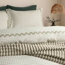 OHS Gingham Wave Border Bedding Set Microfibre Duvet Cover with Pillowcase in Pale Green - Size: Double - thumbnail 2