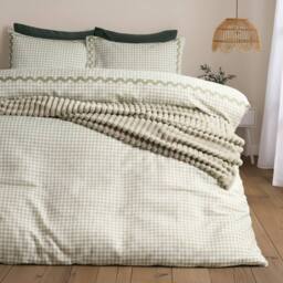OHS Gingham Wave Border Bedding Set Microfibre Duvet Cover with Pillowcase in Pale Green - Size: Double - thumbnail 1