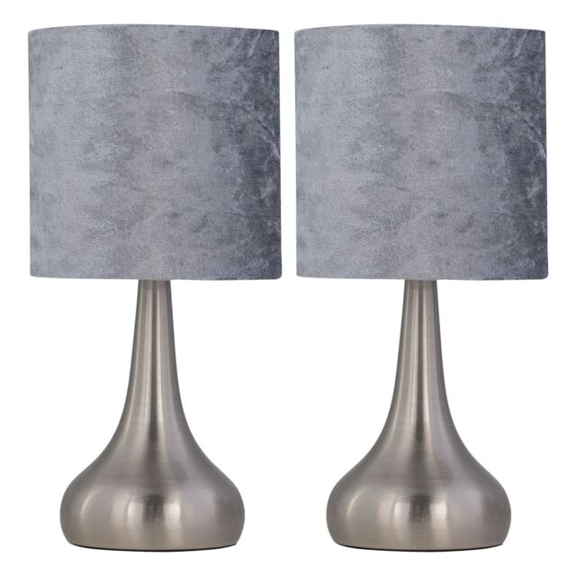 First Choice Lighting Set of 2 Romana - Brushed Chrome Touch Table Lamps Grey Velvet Shades in Silver - image 1