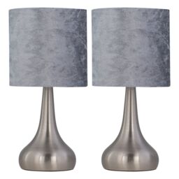 First Choice Lighting Set of 2 Romana - Brushed Chrome Touch Table Lamps Grey Velvet Shades in Silver
