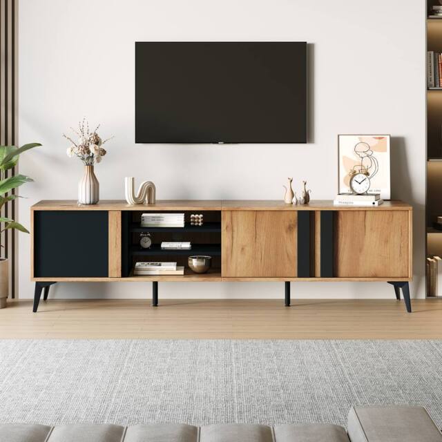 "BTM TV Stand for 80"" TV, 3 Cabinets & 3 Shelves, Steel Frame in Brown" - image 1