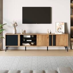 "BTM TV Stand for 80"" TV, 3 Cabinets & 3 Shelves, Steel Frame in Brown"