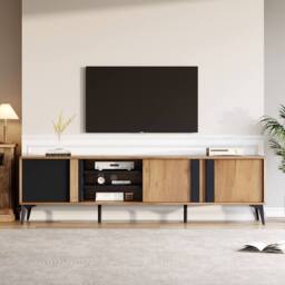 "BTM TV Stand for 80"" TV, 3 Cabinets & 3 Shelves, Steel Frame in Brown" - thumbnail 2