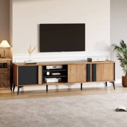 "BTM TV Stand for 80"" TV, 3 Cabinets & 3 Shelves, Steel Frame in Brown" - thumbnail 7