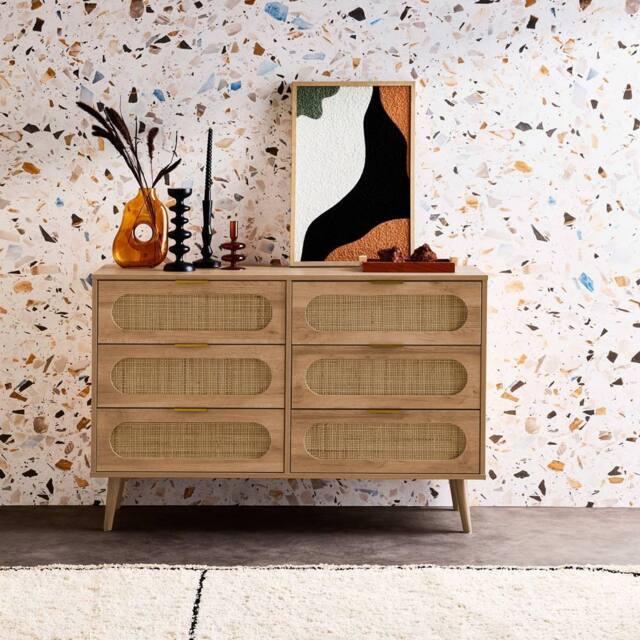 sweeek Wood & Rounded Cane Chest Of Drawers 6 Drawers in Light Brown - image 1