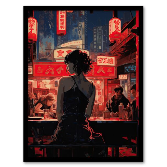 Artery8 Ukiyo Cyberpunk Jazz Bar Film Noir Neon Anime Framed Art Print in Black - Size: A4 - image 1