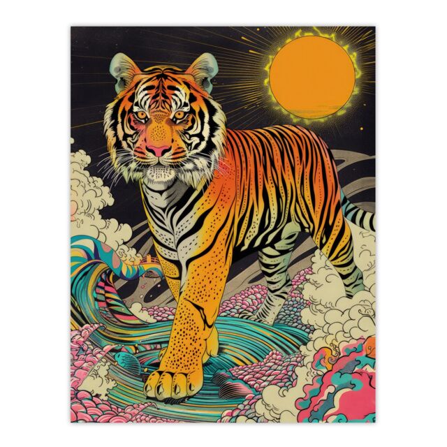 "Artery8 Wall Art Print Psychedelic Tiger Rainbow Sun Bold Magic Design Poster in Orange - Size: W24"" x H32""" - image 1