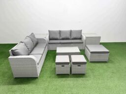 Fimous Outdoor Garden Furniture Sets 9 Seater Wicker Rattan Furniture Sofa Sets w/ Rectangular Coffee Table high Back Lounge Sofa 3 Stools 2 Side - thumbnail 2