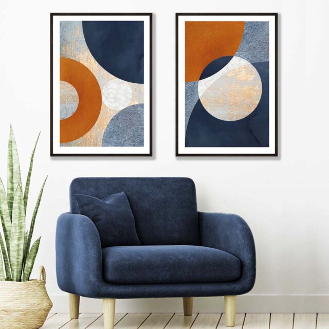 ARTZE Blue & Orange Mixed Media Set of 2 Art Prints in Black Frames - Size: A3 - image 1