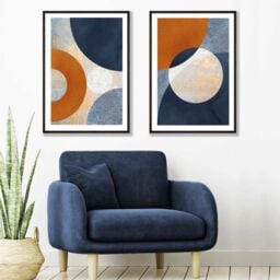 ARTZE Blue & Orange Mixed Media Set of 2 Art Prints in Black Frames - Size: A3
