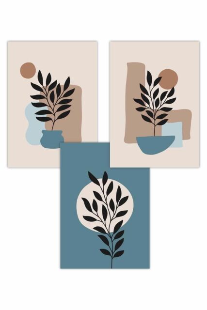 ARTZE Set of 3 Graphical Boho Floral Teal & Beige Botanical Art Posters - Size: W30 cm x H42 cm - image 1