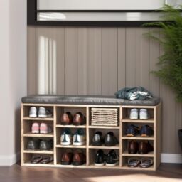 Pirlo Plush Industrial Shoe Storage Bench With Cushion Seat With 14 Compartments in Natural - thumbnail 3