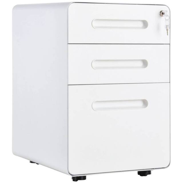 VOGREX White 3 Drawer Steel Filing Cabinet Locked 4 Wheels Pencil Tray - image 1