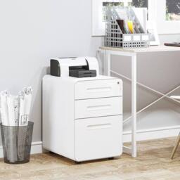 VOGREX White 3 Drawer Steel Filing Cabinet Locked 4 Wheels Pencil Tray - thumbnail 3