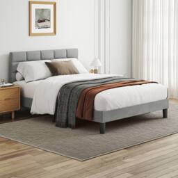 Dprodo Velvet Upholstered Button Tufted Headboard Bed Frame in Light Grey - Size: Double - thumbnail 1