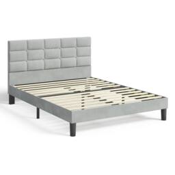 Dprodo Velvet Upholstered Button Tufted Headboard Bed Frame in Light Grey - Size: Double - thumbnail 7