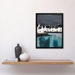 "Artery8 Scottish Coastal Village Oil Painting Grey Sky Framed Art Print - Size: W12"" x H16""" - thumbnail 4