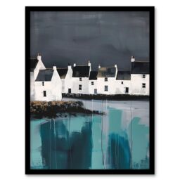 "Artery8 Scottish Coastal Village Oil Painting Grey Sky Framed Art Print - Size: W12"" x H16""" - thumbnail 1