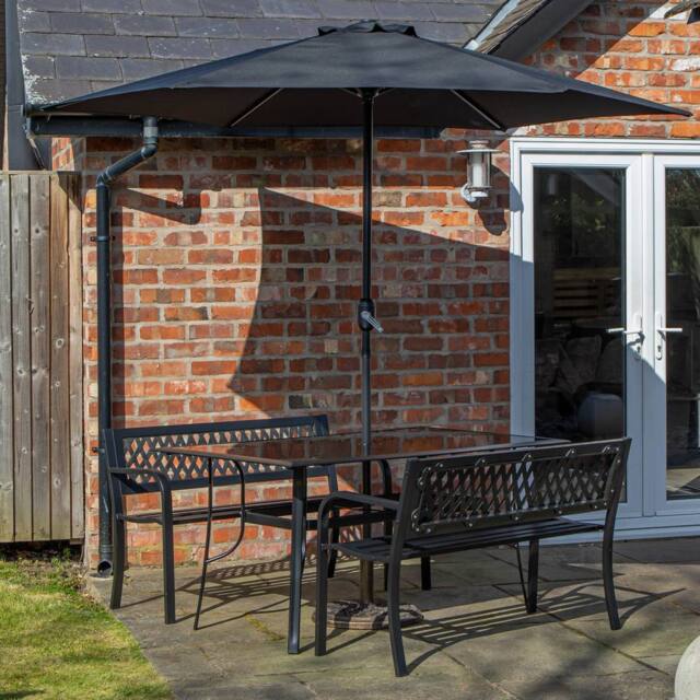 Samuel Alexander Outdoor 4 Person Glass Top Garden Table Benches, Parasol & Base Set in Black - image 1