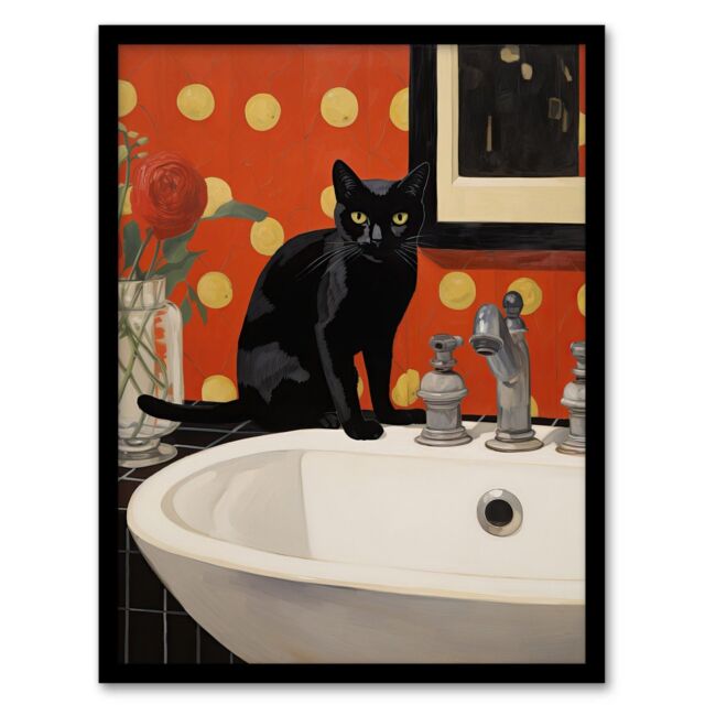 "Wee Blue Coo Wall Art Print Now Wash Your Paws Cat Bathroom Painting Living Room Framed in Red - Size: W12"" x H16""" - image 1