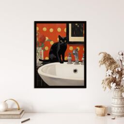 "Wee Blue Coo Wall Art Print Now Wash Your Paws Cat Bathroom Painting Living Room Framed in Red - Size: W12"" x H16""" - thumbnail 4