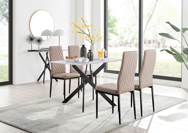 FurnitureboxUK Leonardo White Glass Marble Effect Black Leg Table & 4 Milan Black Leg Chairs in Beige - image 1