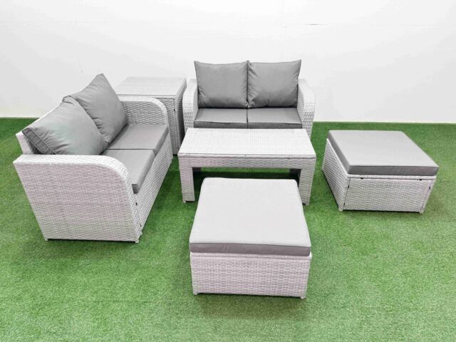 Fimous 6 Seater Outdoor Love Sofa Set Rattan Garden Furniture Set with Oblong Coffee Table 2 Footstool Side Table Light Grey - image 1