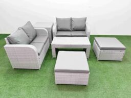 Fimous 6 Seater Outdoor Love Sofa Set Rattan Garden Furniture Set with Oblong Coffee Table 2 Footstool Side Table Light Grey - thumbnail 2