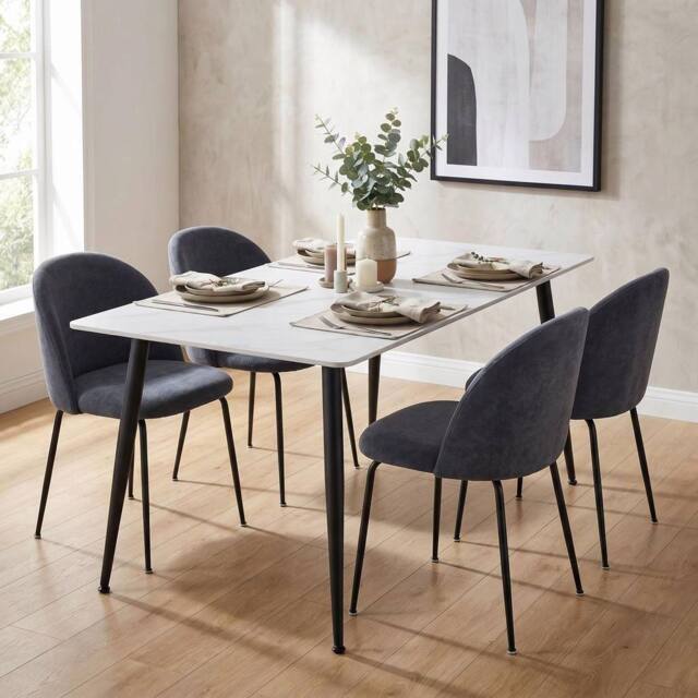 FWStyle Monaco 5 Piece White Sintered Stone Dining Set Blue Linen Chairs - image 1