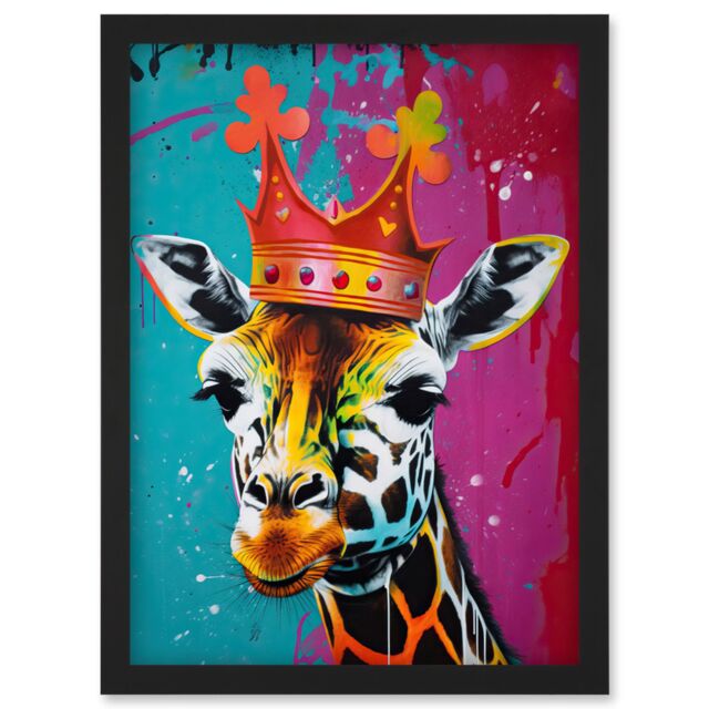 Artery8 King Queen Giraffe Wearing a Crown Modern Pop Art Artwork Framed Wall Art Print A4 in Black - image 1