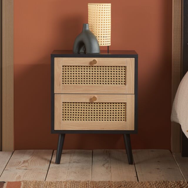 Birlea Croxley 2 Drawer Rattan Bedside in Black - image 1
