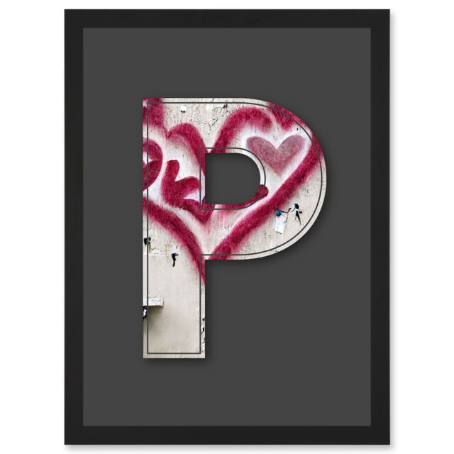 Artery8 Letter P Heart Cream Decorative Graffiti Mural Alphabet Initial Stencil Artwork Framed Wall Art Print A4 in Black - image 1