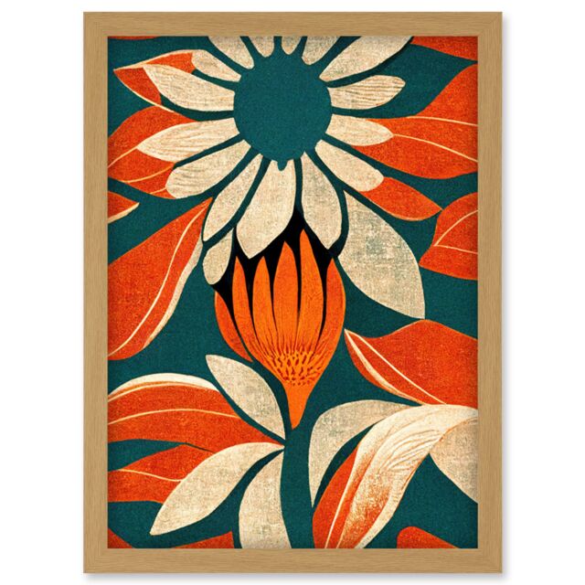 Artery8 Flower Design Teal Orange Abstract Linocut Artwork Framed Wall Art Print A4 in Light Oak - image 1