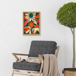 Artery8 Flower Design Teal Orange Abstract Linocut Artwork Framed Wall Art Print A4 in Light Oak - thumbnail 2