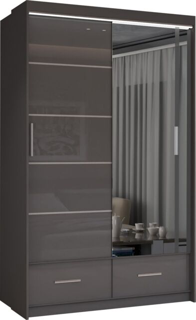 MN Furniture High Gloss Sliding Mirrored Wardrobe with LED Light - 150x220cm in Grey - Size: 150x220 cm - image 1
