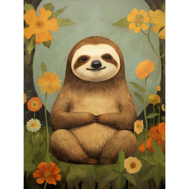 "Artery8 Wall Art Print Smiling Sloth Meditating in Forest Flowers Kids Bedroom Artwork Poster in Yellow - Size: W18"" x H24""" - image 1