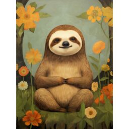 "Artery8 Wall Art Print Smiling Sloth Meditating in Forest Flowers Kids Bedroom Artwork Poster in Yellow - Size: W18"" x H24""" - thumbnail 1