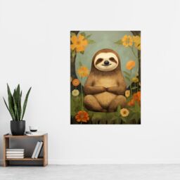 "Artery8 Wall Art Print Smiling Sloth Meditating in Forest Flowers Kids Bedroom Artwork Poster in Yellow - Size: W18"" x H24""" - thumbnail 2