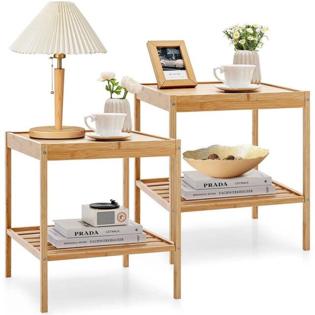 VOGREX 2Pcs Bamboo Side Tables with Large Storage Shelf in Beige - image 1