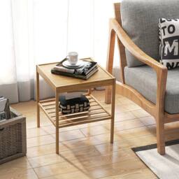 VOGREX 2Pcs Bamboo Side Tables with Large Storage Shelf in Beige - thumbnail 3