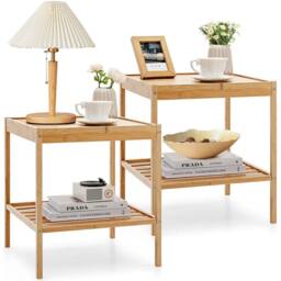 VOGREX 2Pcs Bamboo Side Tables with Large Storage Shelf in Beige